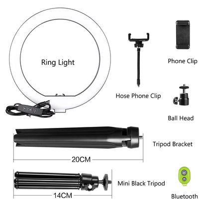 LED 10Inch Ring Light Photography Selfie Ring Lighting with Tripod Stand for Smartphone Youtube Makeup Video Studio Ring Lamp