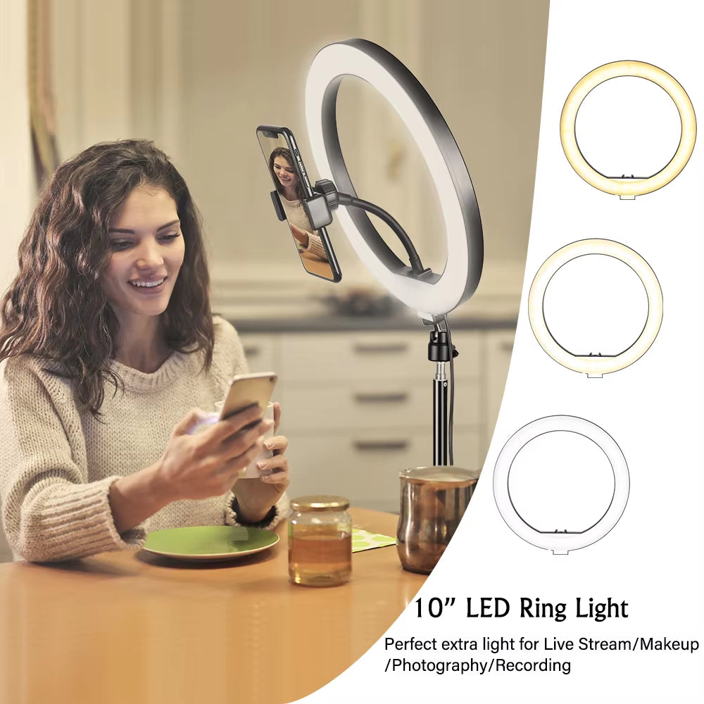 LED 10Inch Ring Light Photography Selfie Ring Lighting with Tripod Stand for Smartphone Youtube Makeup Video Studio Ring Lamp