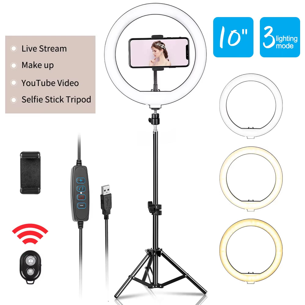 LED 10Inch Ring Light Photography Selfie Ring Lighting with Tripod Stand for Smartphone Youtube Makeup Video Studio Ring Lamp